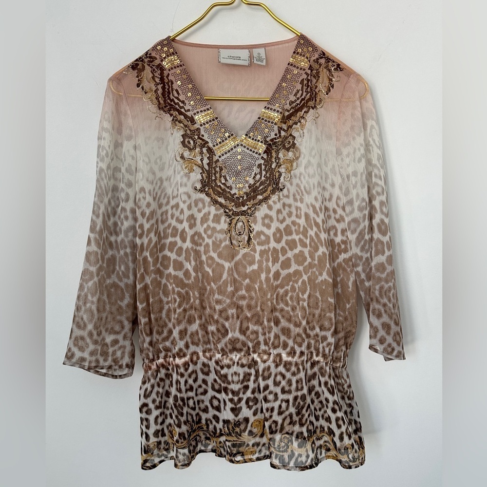 Chico’s Thirty Years Semi Sheer Animal Print Sequin Cinched Blouse Size 0 (US S)